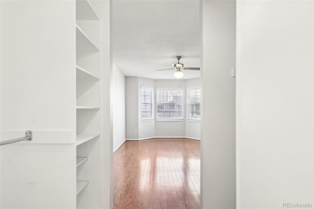 spacious closet featuring ceiling fan and hardwood / wood-style flooring