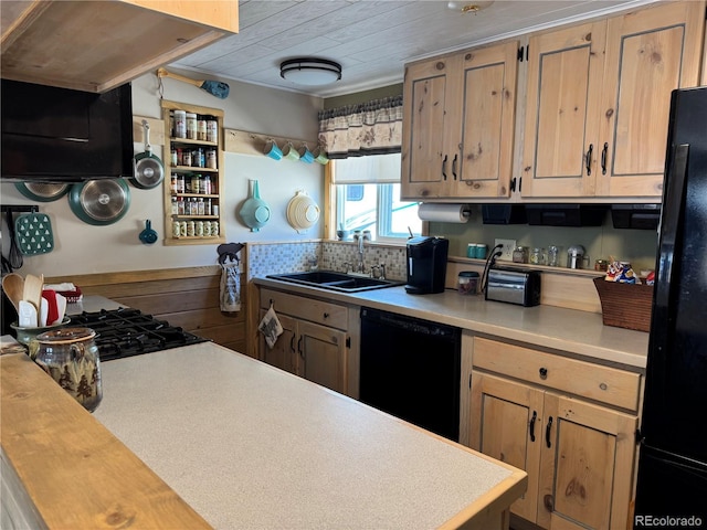 kitchen featuring sink, decorative backsplash, and black appliances