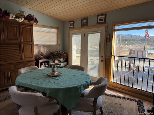 dining area with wood ceiling, lofted ceiling, a mountain view, and a wealth of natural light