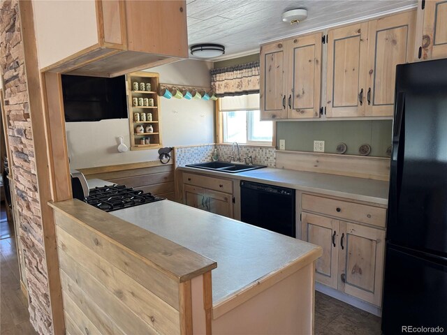 163 Holiday Hills Blvd, Howard, CO 81233 - kitchen with black appliances, a sink, light countertops, light brown cabinets, and a peninsula
