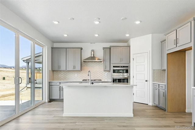 kitchen featuring wall chimney range hood, backsplash, gray cabinetry, and stainless steel double oven