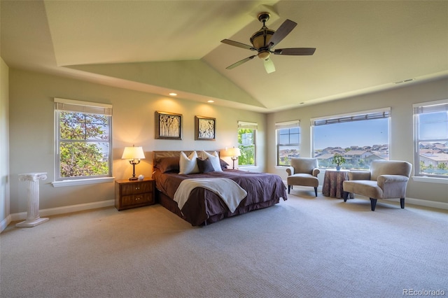 27565 E Nova Pl, Aurora, CO 80016 - bedroom with light colored carpet, multiple windows, lofted ceiling, ceiling fan, and recessed lighting