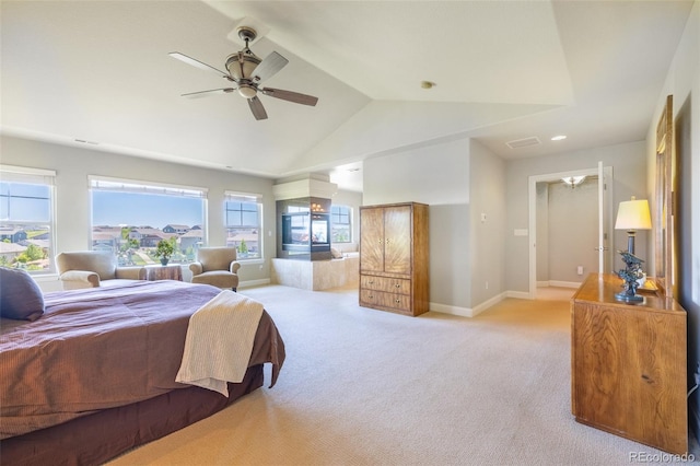 27565 E Nova Pl, Aurora, CO 80016 - bedroom featuring light carpet, lofted ceiling, and a ceiling fan
