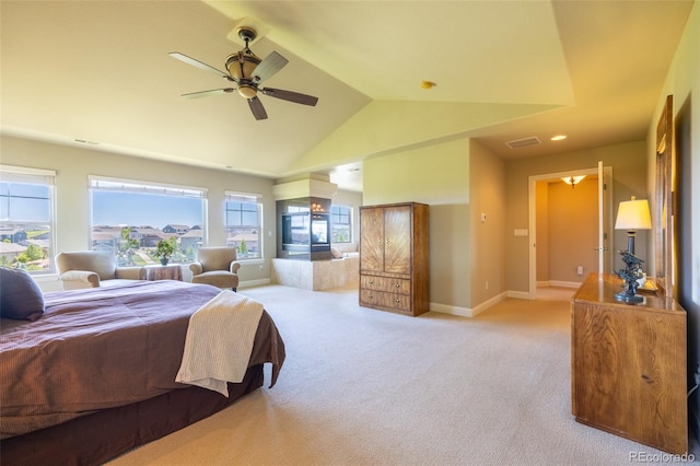 27565 E Nova Pl, Aurora, CO 80016 - bedroom with light carpet, high vaulted ceiling, a ceiling fan, and recessed lighting