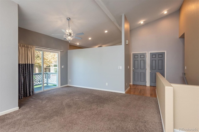 unfurnished room with carpet flooring, a ceiling fan, baseboards, high vaulted ceiling, and recessed lighting