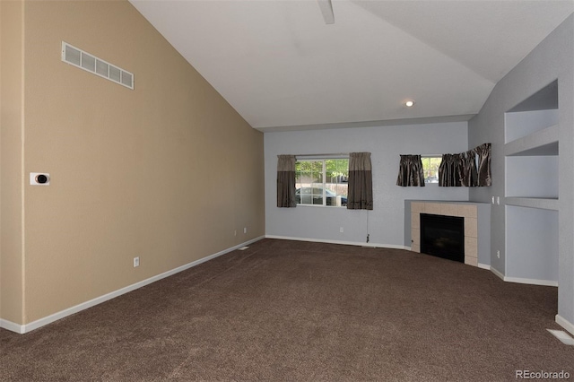 unfurnished living room with vaulted ceiling, dark carpet, a fireplace, baseboards, and recessed lighting