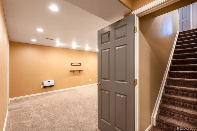 stairway with carpet, baseboards, and recessed lighting