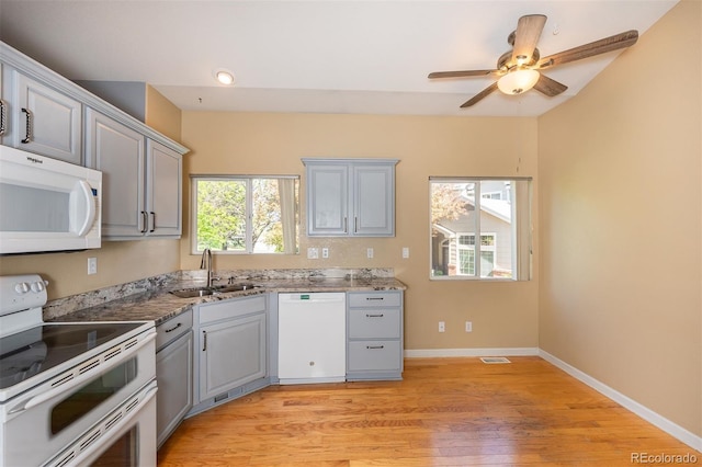 9025 W 79th Way Unit D, Arvada, CO 80005 - kitchen with white appliances, gray cabinets, light wood-type flooring, and a ceiling fan
