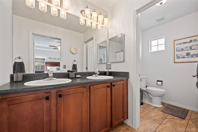 bathroom featuring tile patterned flooring, vanity, toilet, and ceiling fan