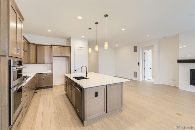 231 Leafy Aster Ln, Castle Rock, CO 80104 - kitchen featuring a sink, light wood-type flooring, stainless steel appliances, light stone countertops, and open floor plan