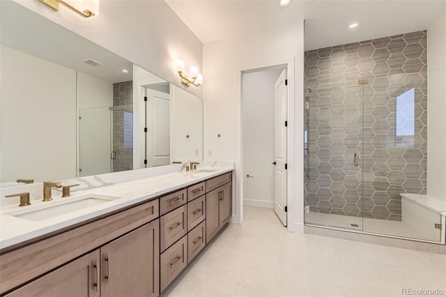 231 Leafy Aster Ln, Castle Rock, CO 80104 - full bath featuring a stall shower, double vanity, recessed lighting, and tile patterned floors