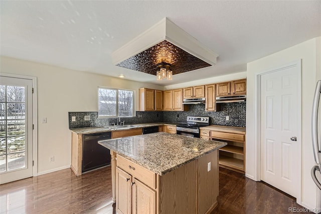 kitchen with dark hardwood / wood-style flooring, dishwasher, a kitchen island, and stainless steel electric range