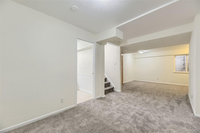 basement with light colored carpet