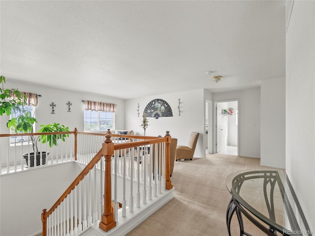4906 Perth St, Denver, CO 80249 - hallway with an upstairs landing, light colored carpet, and a textured ceiling