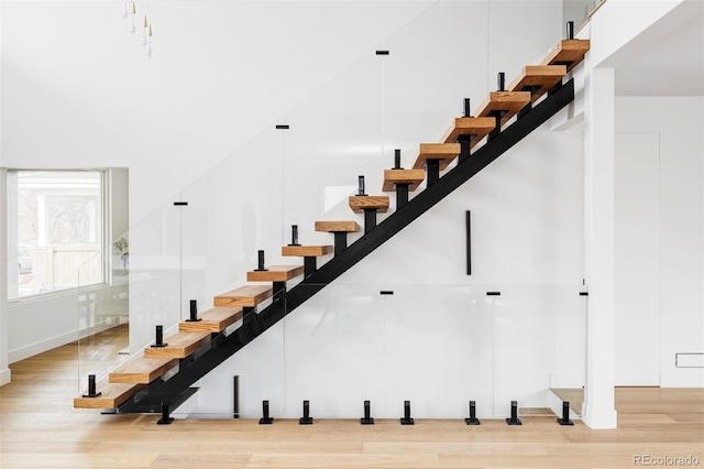 stairway featuring wood finished floors