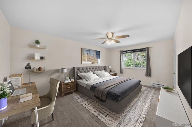 16563 E Kansas Pl, Aurora, CO 80017 - carpeted bedroom with a baseboard radiator and ceiling fan