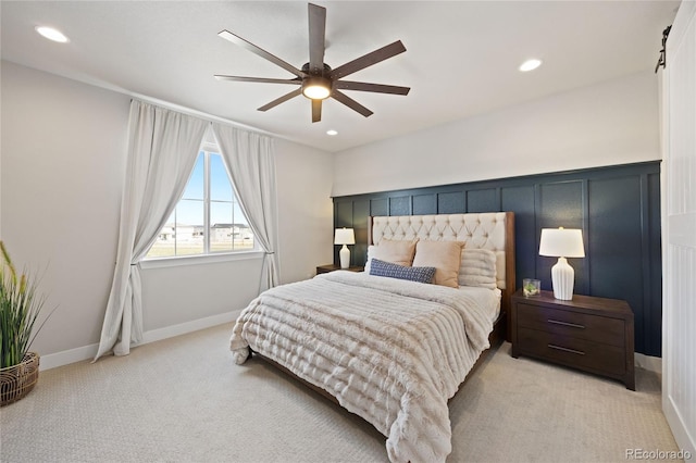 bedroom with recessed lighting, ceiling fan, baseboards, and carpet