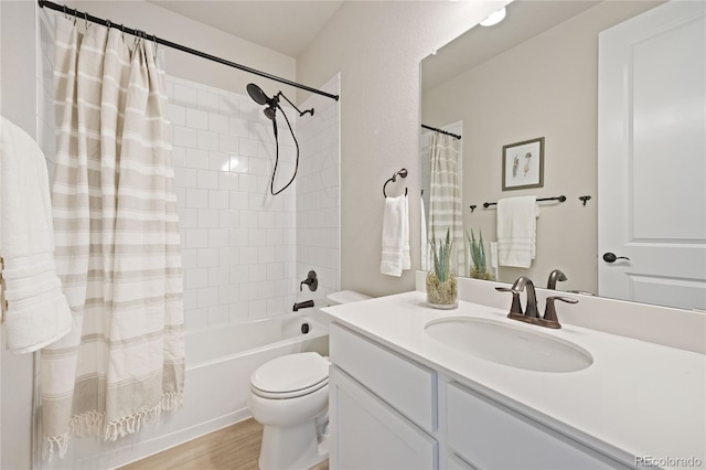 full bath featuring vanity, toilet, shower / bathtub combination with curtain, and wood finished floors