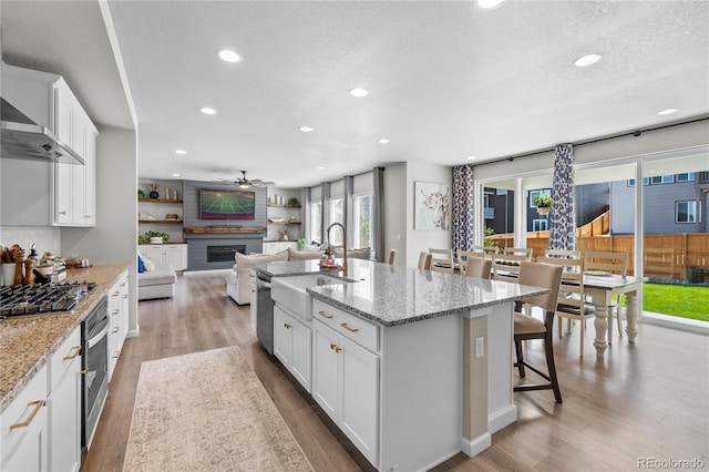 kitchen featuring open floor plan, an island with sink, light stone countertops, and white cabinets