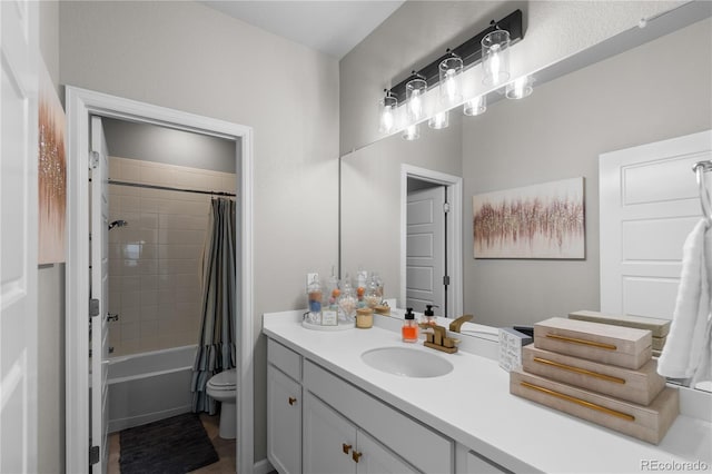 bathroom featuring toilet, vanity, and shower / bathtub combination with curtain