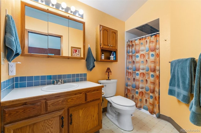 4390 S Sheridan Blvd, Littleton, CO 80123 - bathroom featuring vanity, tile patterned floors, a shower with curtain, and lofted ceiling