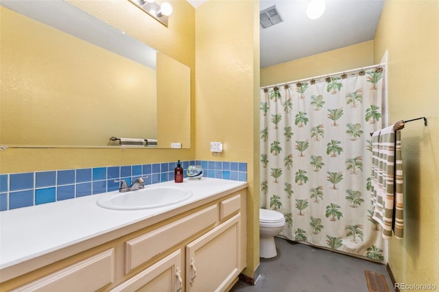 4390 S Sheridan Blvd, Littleton, CO 80123 - bathroom with vanity, decorative backsplash, finished concrete floors, and curtained shower