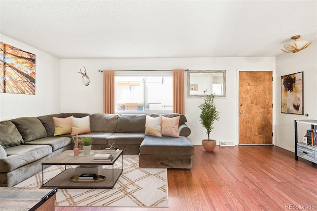 living room with hardwood / wood-style flooring and a textured ceiling