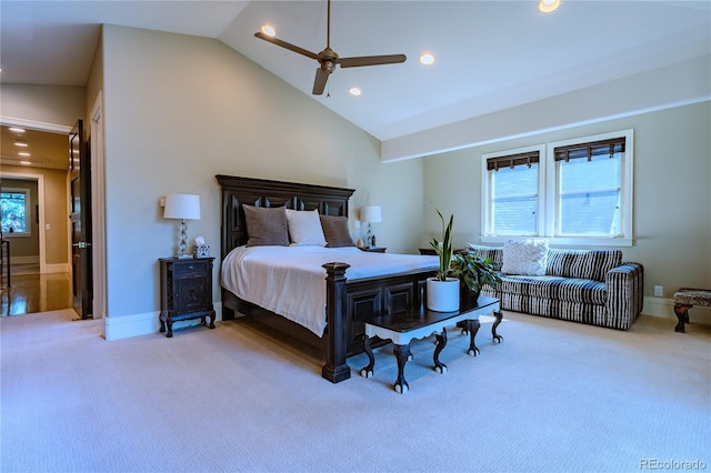 bedroom with recessed lighting, baseboards, carpet flooring, ceiling fan, and high vaulted ceiling
