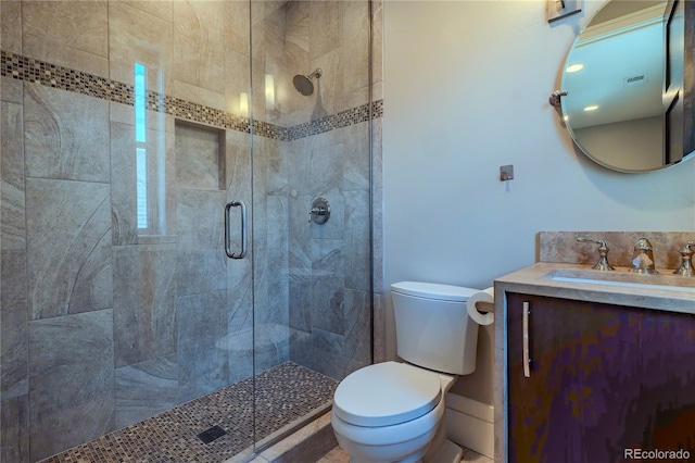 full bath with toilet, vanity, visible vents, and a stall shower