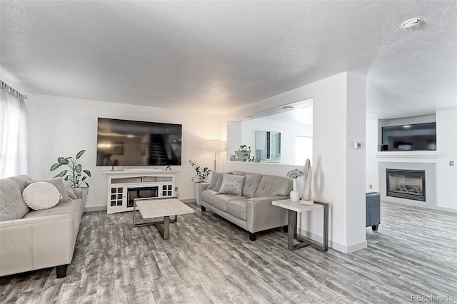 living room with wood-type flooring and a textured ceiling