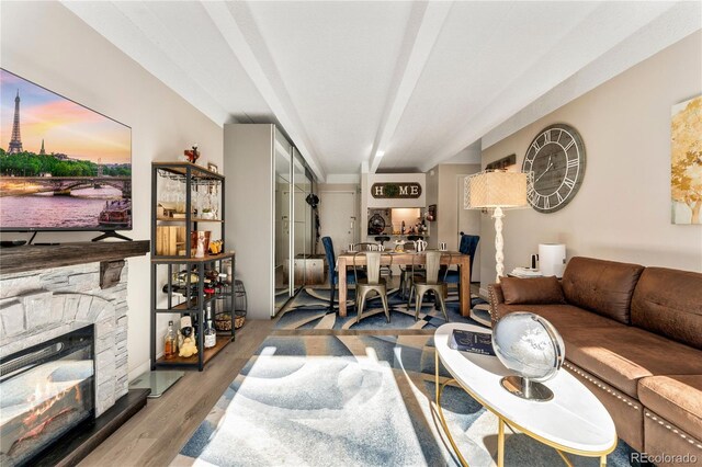 1265 Race St Unit 203, Denver, CO 80206 - living room with wood finished floors and a stone fireplace