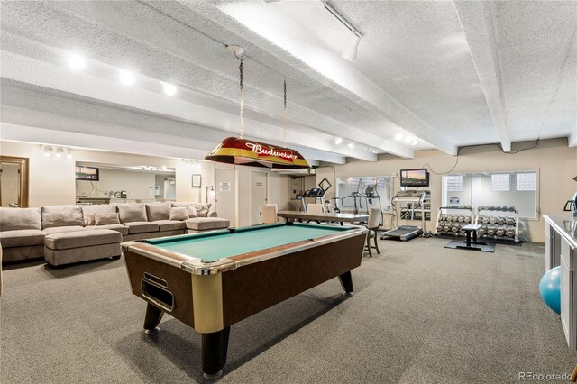 1265 Race St Unit 203, Denver, CO 80206 - playroom with carpet flooring, a textured ceiling, billiards, beam ceiling, and track lighting