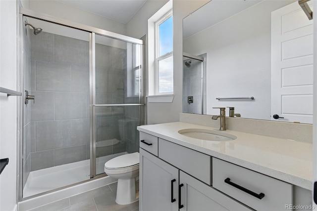 full bathroom featuring a shower stall, tile patterned flooring, vanity, and toilet
