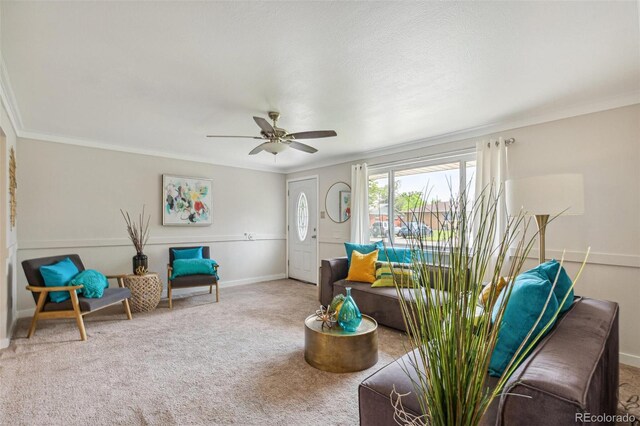 5645 W 5th Ave Unit 5645 & 5655, Lakewood, CO 80226 - living room featuring ornamental molding, a ceiling fan, and carpet flooring
