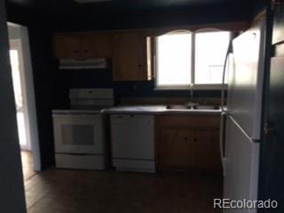 206 Cielo Vista St, Colorado Springs, CO 80911 - kitchen featuring white range with electric cooktop, range hood, freestanding refrigerator, dishwashing machine, and a sink