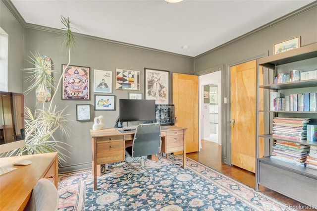1226 Dexter St, Denver, CO 80220 - home office with wood finished floors and crown molding