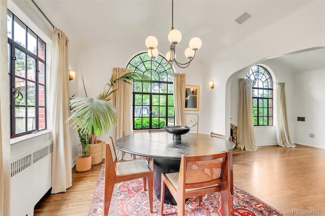 1226 Dexter St, Denver, CO 80220 - dining room featuring arched walkways, wood finished floors, radiator, a chandelier, and vaulted ceiling