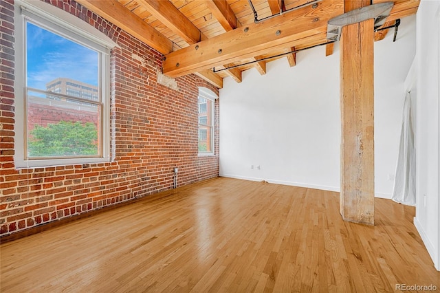 1745 Wazee St Unit 2B, Denver, CO 80202 - empty room featuring wood-type flooring, brick wall, wooden ceiling, and a healthy amount of sunlight