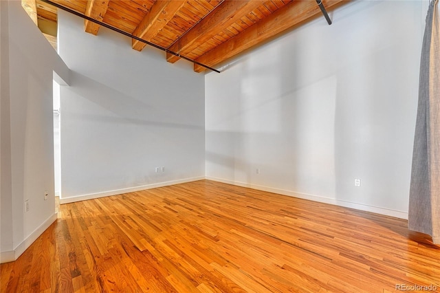 1745 Wazee St Unit 2B, Denver, CO 80202 - spare room featuring baseboards, light wood-style flooring, beam ceiling, and wooden ceiling