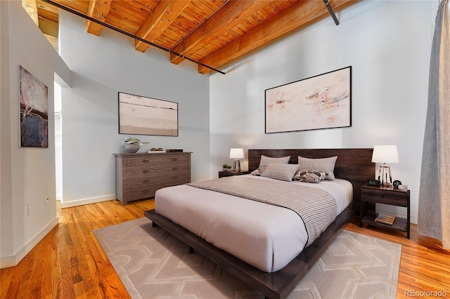 1745 Wazee St Unit 2B, Denver, CO 80202 - bedroom with baseboards, light wood finished floors, wooden ceiling, and beamed ceiling