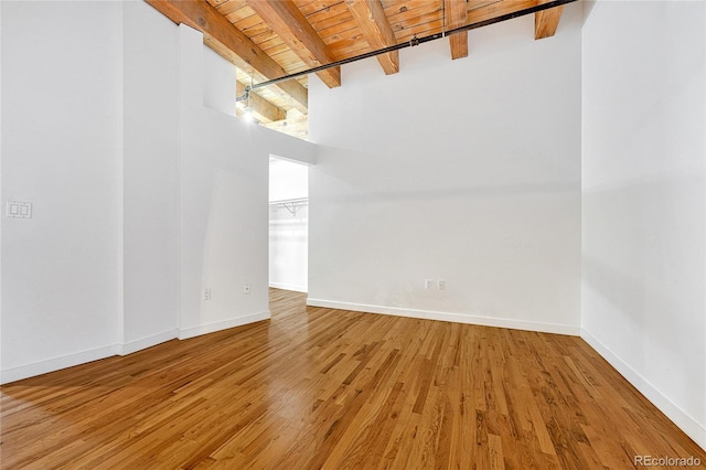 1745 Wazee St Unit 2B, Denver, CO 80202 - empty room with beamed ceiling, wooden ceiling, baseboards, and light wood-type flooring