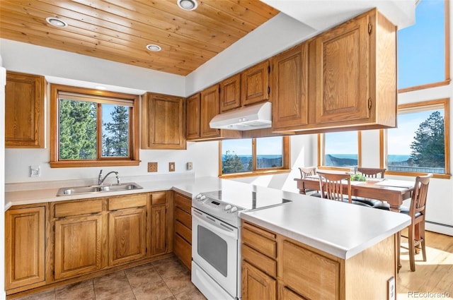 kitchen featuring a peninsula, light countertops, under cabinet range hood, white range with electric stovetop, and a sink