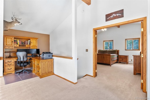 office area featuring baseboards, high vaulted ceiling, a baseboard heating unit, and light carpet