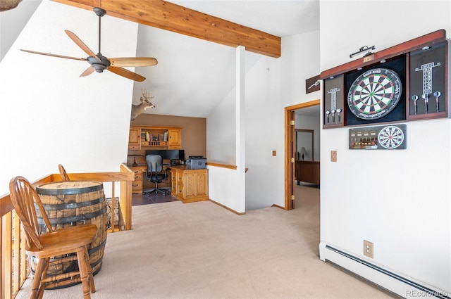interior space featuring carpet floors, beamed ceiling, ceiling fan, high vaulted ceiling, and a baseboard radiator