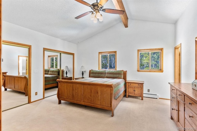 bedroom featuring light carpet, multiple windows, a baseboard radiator, and lofted ceiling with beams