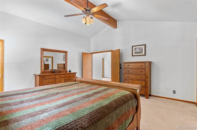 bedroom featuring baseboards, ceiling fan, light colored carpet, and lofted ceiling with beams