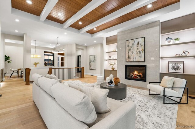 living room with beamed ceiling, built in shelves, wood ceiling, and a fireplace