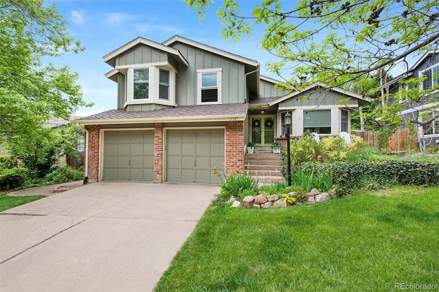 11245 San Joaquin Rdg, Littleton, CO 80127 - view of front facade featuring board and batten siding, an attached garage, concrete driveway, and brick siding
