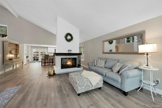 11245 San Joaquin Rdg, Littleton, CO 80127 - living room featuring baseboards, wood finished floors, a glass covered fireplace, and high vaulted ceiling