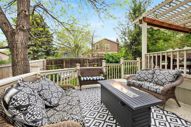 11245 San Joaquin Rdg, Littleton, CO 80127 - wooden deck featuring an outdoor living space with a fire pit, fence, and a pergola